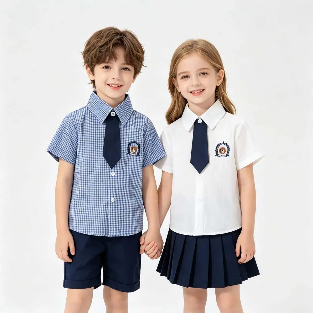 Back To School Kids Boys Girls Short Sleeve Uniform Shirt With Tie EmbroiderTurn‑down Collar Children Preppy School Blouse Top