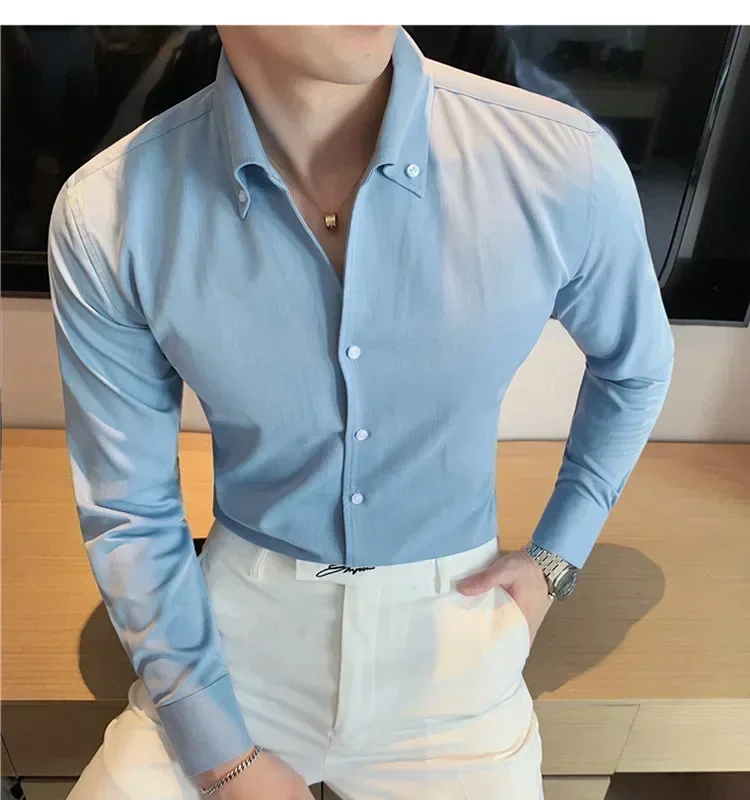 

Men's Slim Long-sleeved Shirts Luxury Non-ironing Business Casual Shirt Solid Color Top Trend Handsome White Black Blue S-4XL