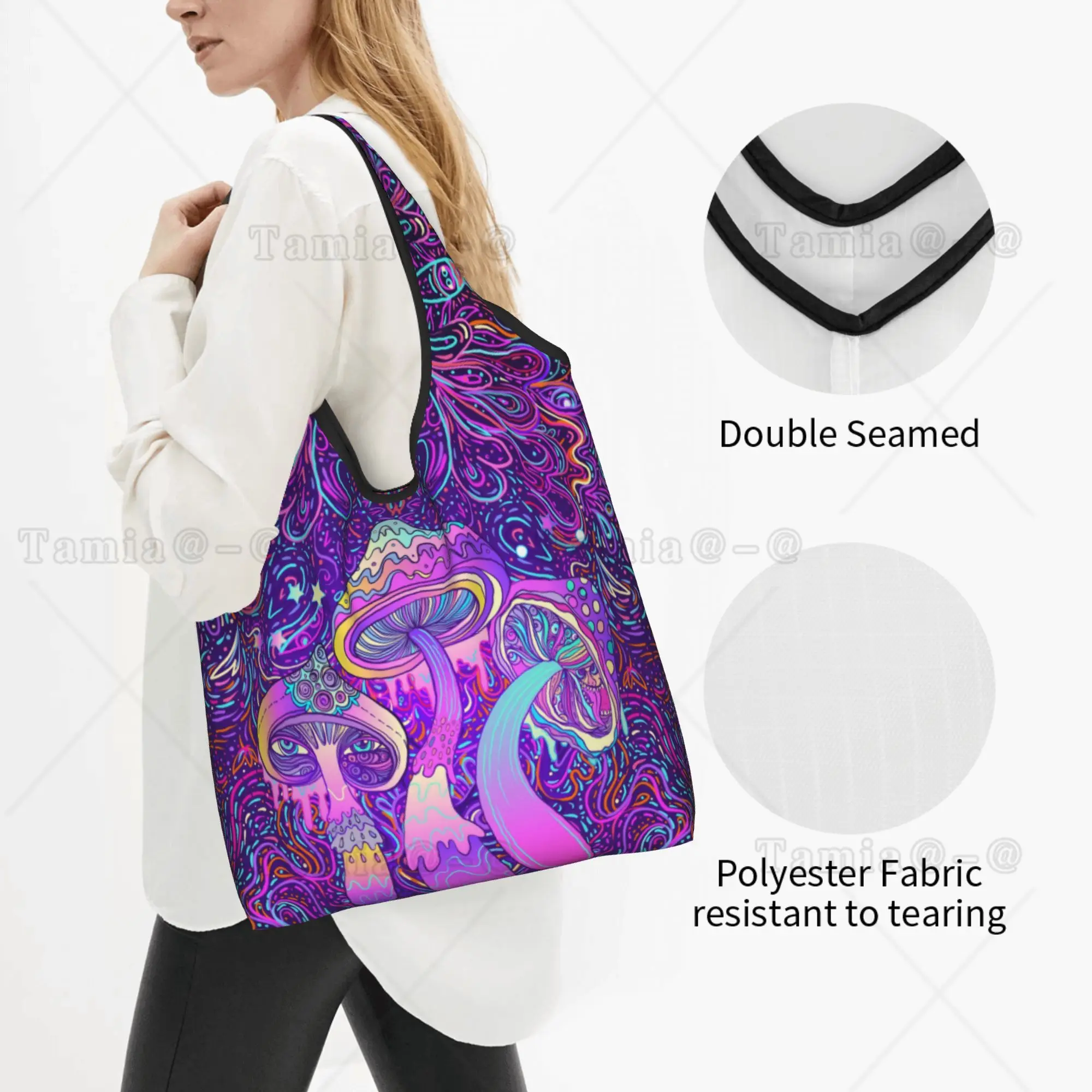 Recycling Psychedelic Magic Mushrooms Shopping Bag Women Tote Bag Portable  Grocery Shopper Bags