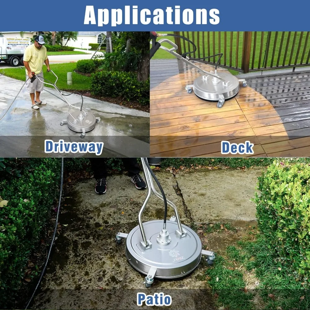 جانز 20 منظف أسطح لغسالة الضغط بأربع عجلات ومقابض مزدوجة وجسم من الفولاذ المقاوم للصدأ وأربعة فوهات بديلة، وT