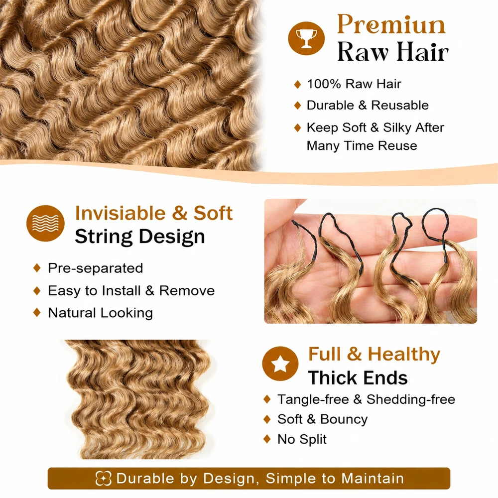 #27 Color Deep Wave Feather Crochet Human Hair Extensions Miracle Knots Pre Separated Knotless Braiding Hair With String Soft Natural Curls Boho Crochet Braids Lightweight Reusable Hair 60g/60 Strands For Women
