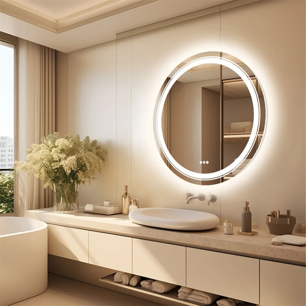 

32 Inch Round LED Lighted Bathroom Mirror Wall Mounted Anti-Fog Vanity Mirror with Touch Sensor Backlit for Home