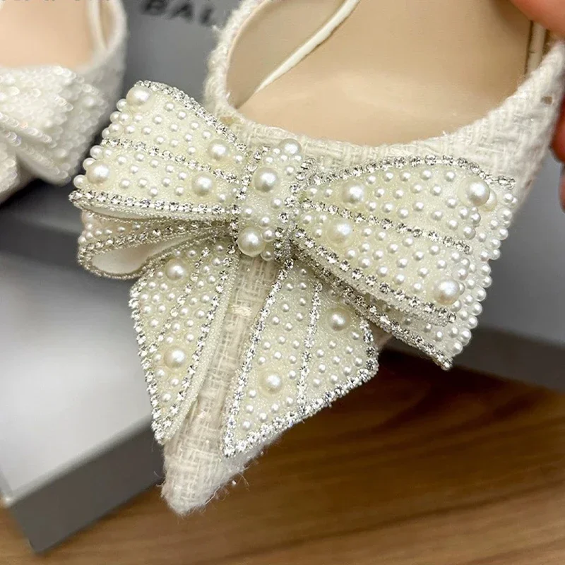 Bling Crystal Bow Thin Heels Pumps Women sandals 2024 New Slip-On Pearl Wedding Party Shoes Woman High Heels Bridal Shoes