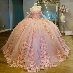 ANGELSBRIDEP Pink Quinceanera Dress Ball Gown Off Shoulder Floral Applique Beaded Corset Sweet 16 Vestidos De 15 Años Birthday