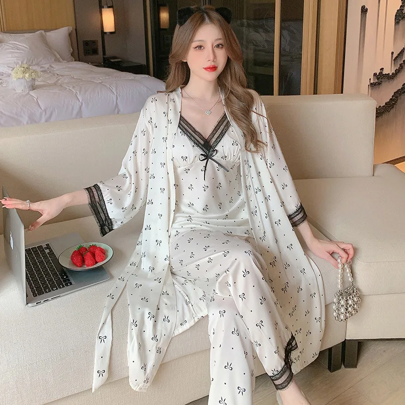 3PCS Pajamas Bathrobe Set Spring Autumn Silk Satin Sleepwear Sexy Leopard Trouser Suits Loose Casual Home Clothes Loungewear