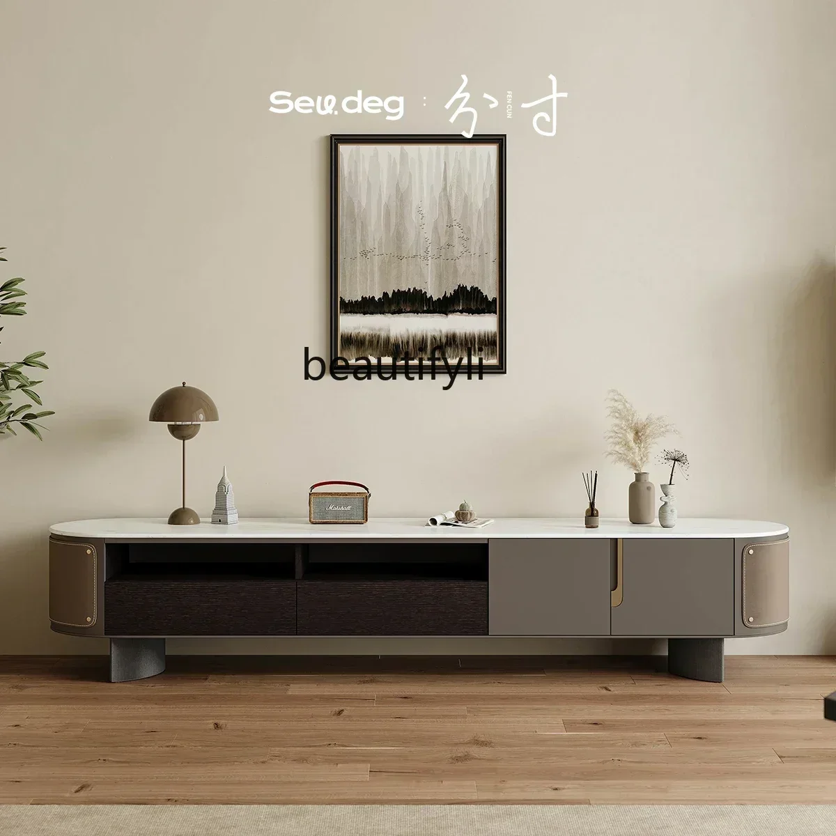 32Italian minimalist marble TV cabinet coffee table combination small apartment storage floor cabinet, wabi sandy wind