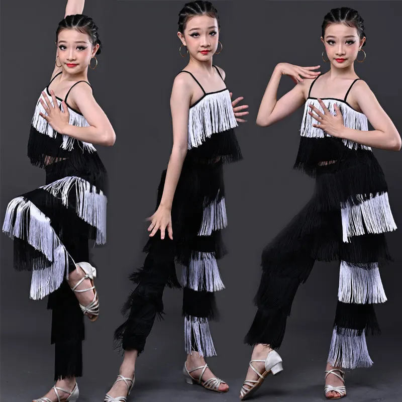 

New Children Tassel Latin Dance Competition Clothes Girls National Standard Dance Tassel Pants Suit Practice Clothes Performance