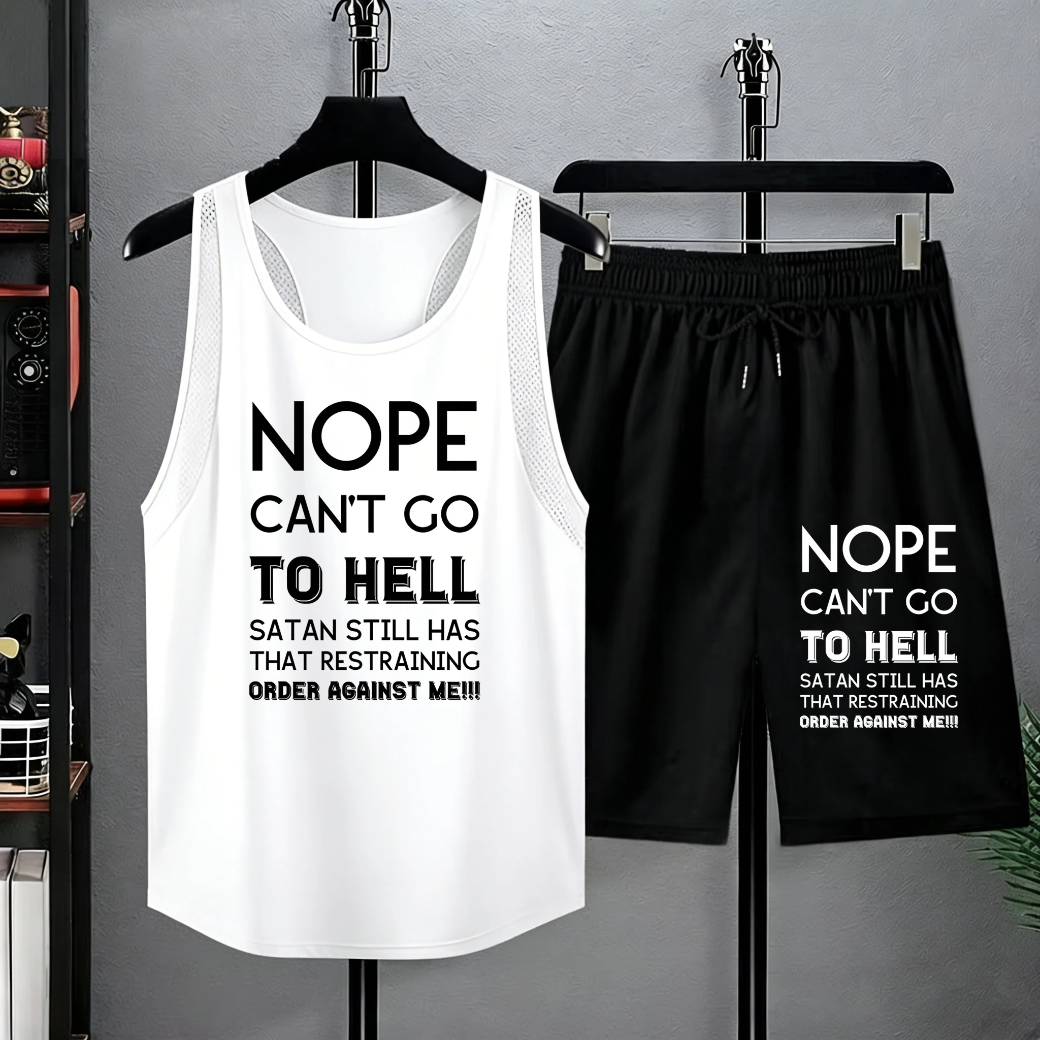 

Nope Can'T Go To Hell Printing Man Summer Running Classic Sportswears Fitness Quick Dry Lightweight Vest Set Pocket Beach Shorts