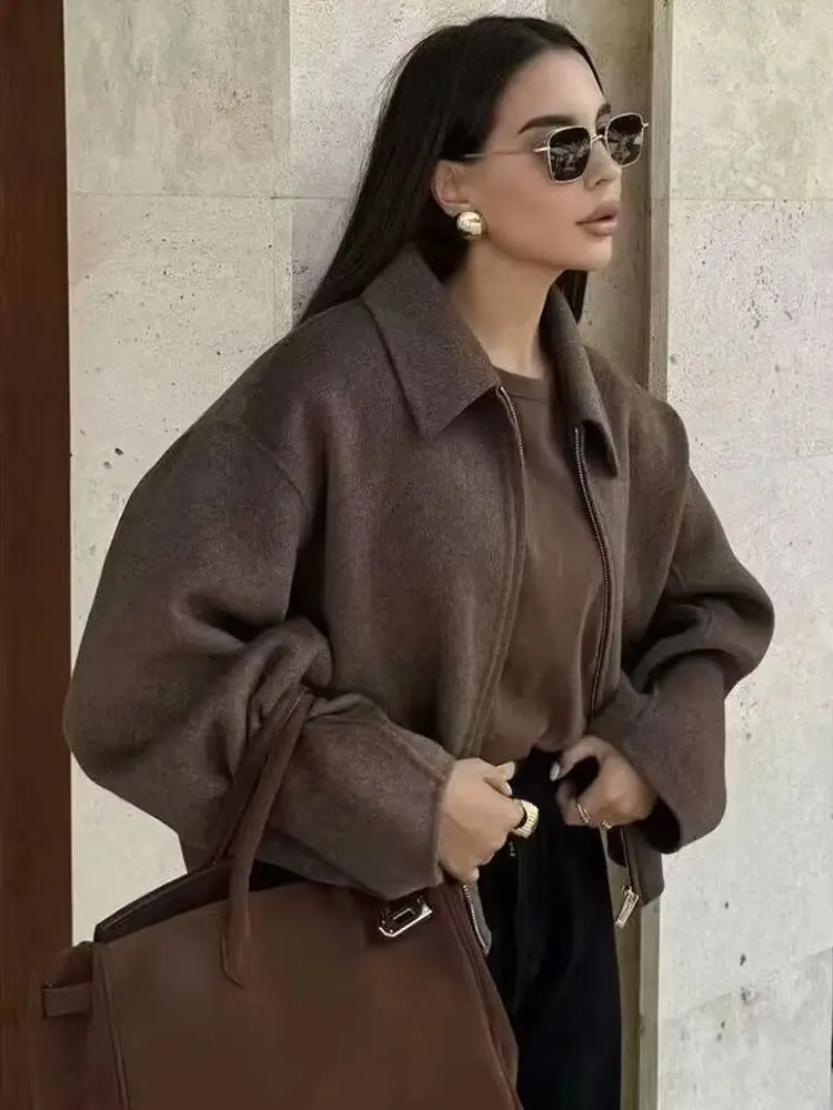 HH Woman Elegant Zipper Pocket Decoration Long Sleeves Short Coat Woman Fashion Turn-down Collar Street Style Woolen Jacket
