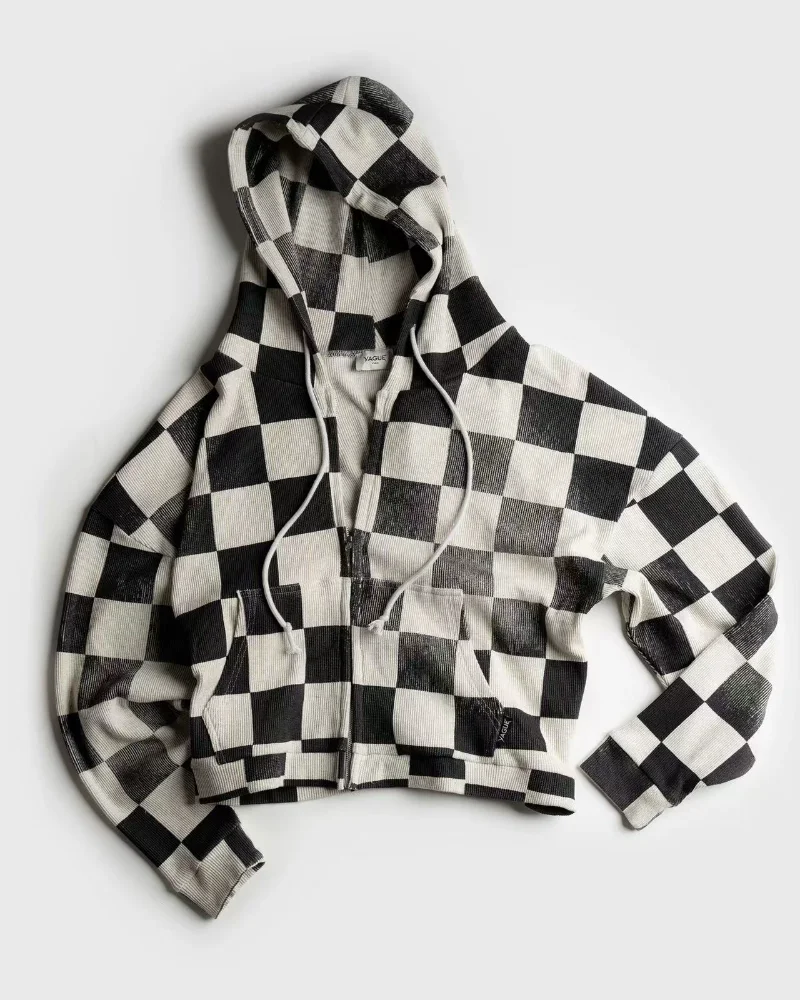 2025 Harajuku style men coat Gothic casual zipper hoodie American personality black and white check fashion popular sweatshirt