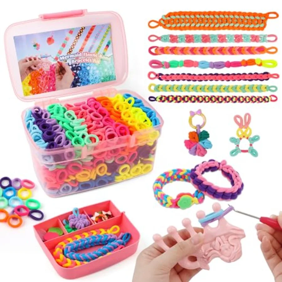 Bracelet Making Kit Toys for Girls Crafts for Ages 6-12 Mermaid Weaving Loom Bracelets Kits with 1200+ Colorful Fabric Loops Bi