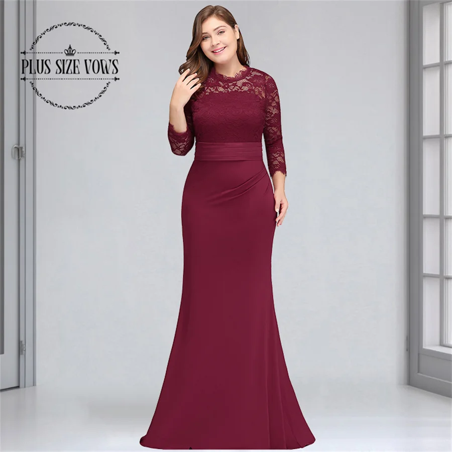 Plus Size Vows 2025 Women Mermaid Evening Dress Elegant Burgundy Long Sleeve Wedding Party Gown Lace Robe De Soiree Customized