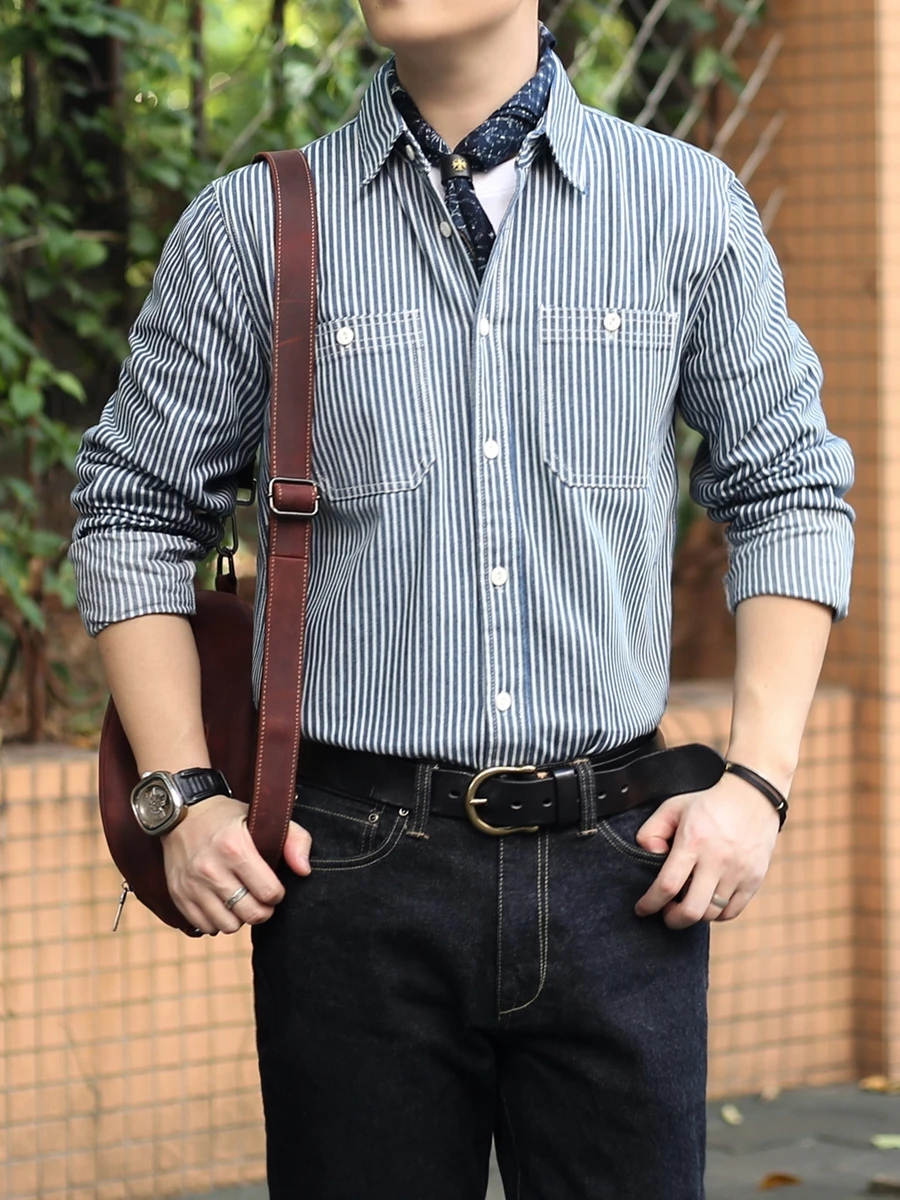

Мужская рубашка в американском ретро-стиле с полосками, длинным рукавом, для многослойной носки, в стиле рабочей одежды, приталенного кроя, молодежный тренд, осень