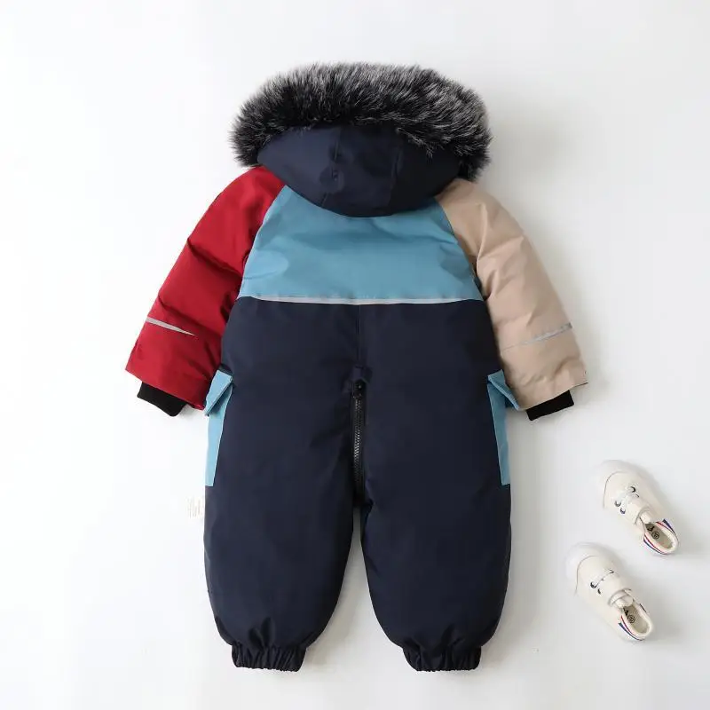 2024 Patchwork Color Hooded Baby Girl Romper Thick Warm for Boys Baby Coat Skiing Clothing Children Jumpsuits Winter New Rompers