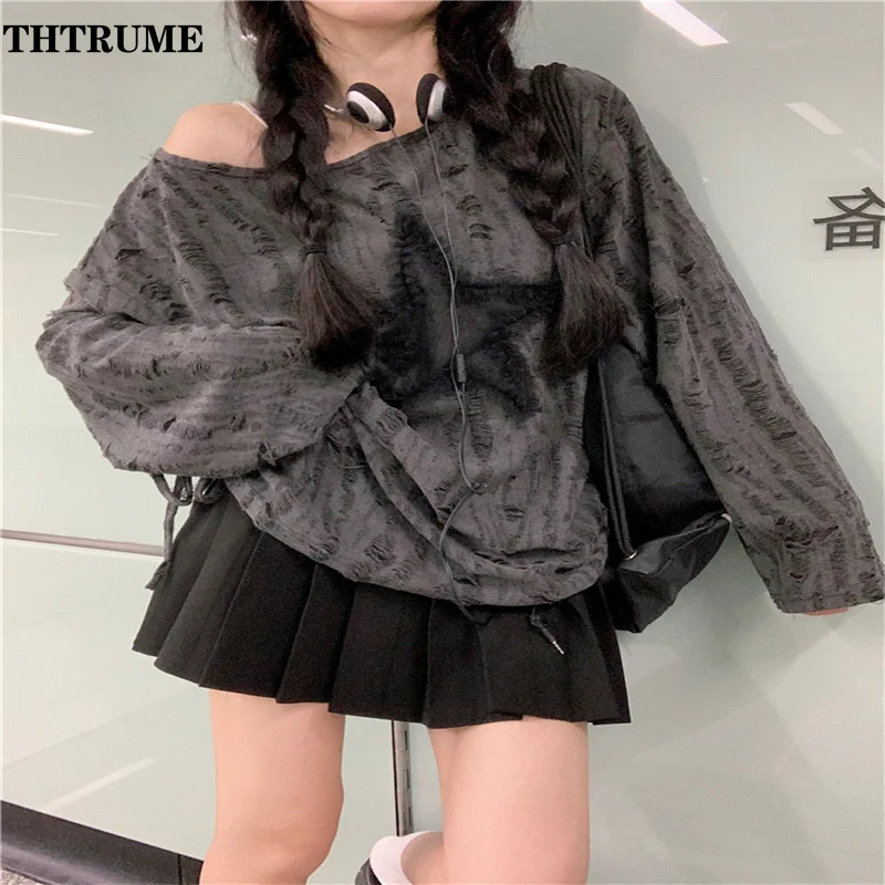 Y2K High Street Sweaters For Women Fashion Oversized Off Shoulder Streetwear Jumpers Casual Vintage Star Print Chic Pullovers