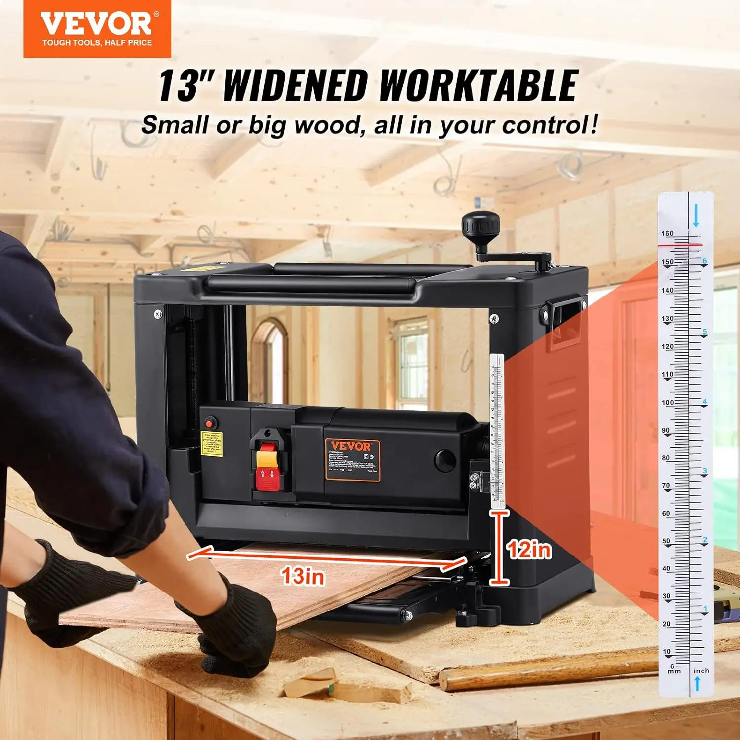 Thickness Planer, 13" Width Worktable Benchtop Planer, Two-Blade, 15-Amp 1800W Powerful Motor, 12" Extended Infeeding Table