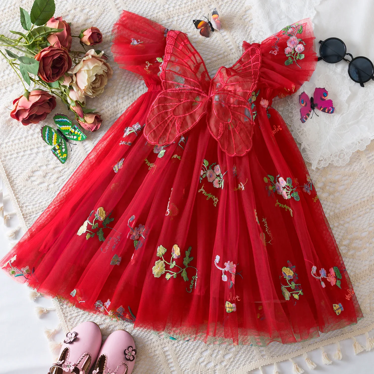 Red Christmas Baby Girls\' Princess Party Birthday Dress Girls Dresses Back Bow Wings Fairy Strap New Years Butterfly Mesh Dress