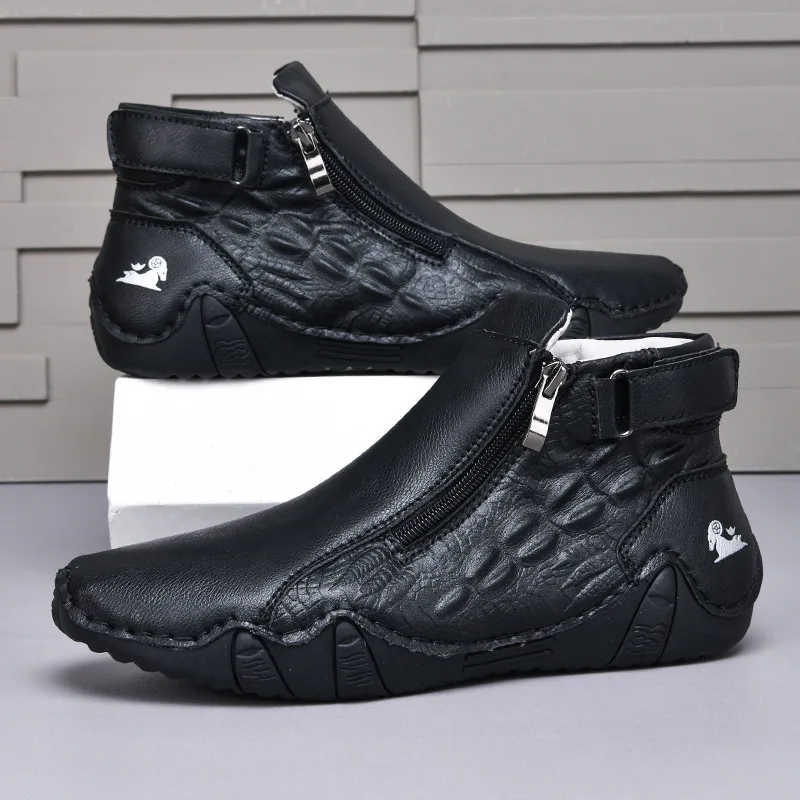 

Men's Winter Leather Boots Black High Top Fleece Lined - Warm Sturdy Sole Workwear Shoes for Cold Weather