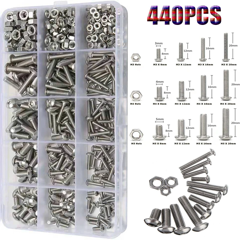 

440pcs M3 M4 M5 304 Stainless Steel Hexagon Hex Socket Button Head Screw Bolts Nut Round Flat Head Screw Standoff