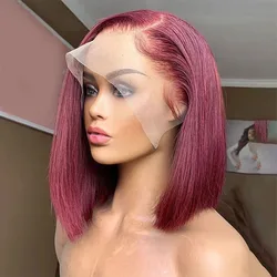 14 Inch 99J Burgundy Short Bob Human Hair Wigs 13x4 Red Straight Transparent Lace Front Wig Pre Plucked For Women 200% Density