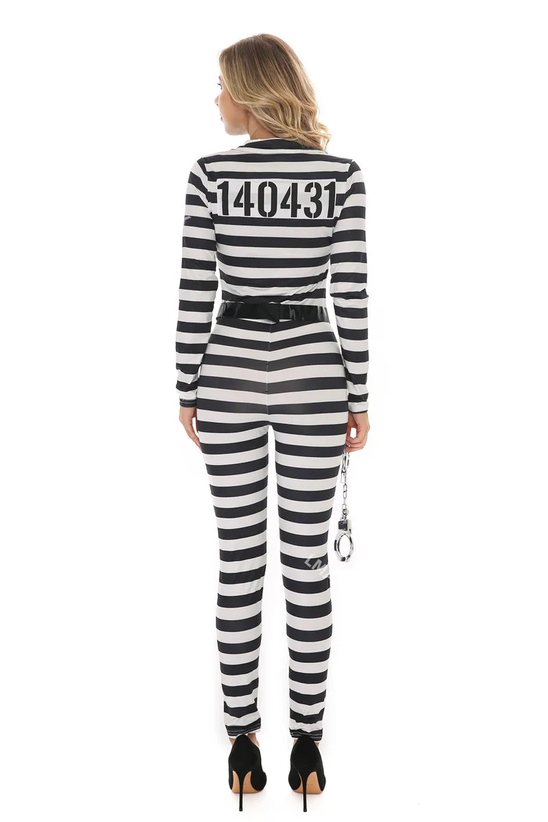 Halloween Women Prisoner Costume Striped Prison Inmate Escaped Prisoners Jumpsuit Cosplay Costumes Female Jail Criminal Dress Up