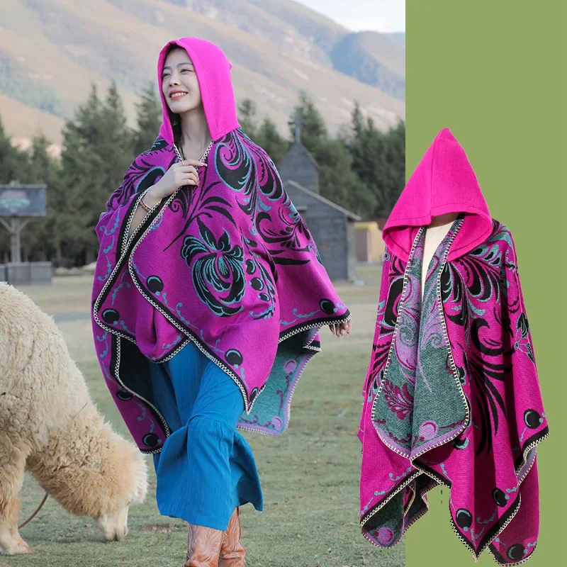 

Women Cloak Cashmere Blend Pashmina Cape Poncho Winter Warm Shawl Thickening Blanket LuxuryRetro Ethnic Style Scarf Stole Wraps