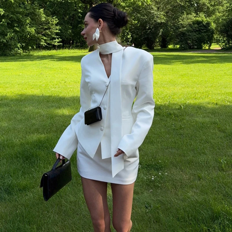 

Tornova Commuting Блейзер Пальто Женский комплект из 2 предметов Модный шарф с v-образным вырезом и длинными рукавами Костюм Куртка Тонкая мини-юбка Элегантные женские комплекты