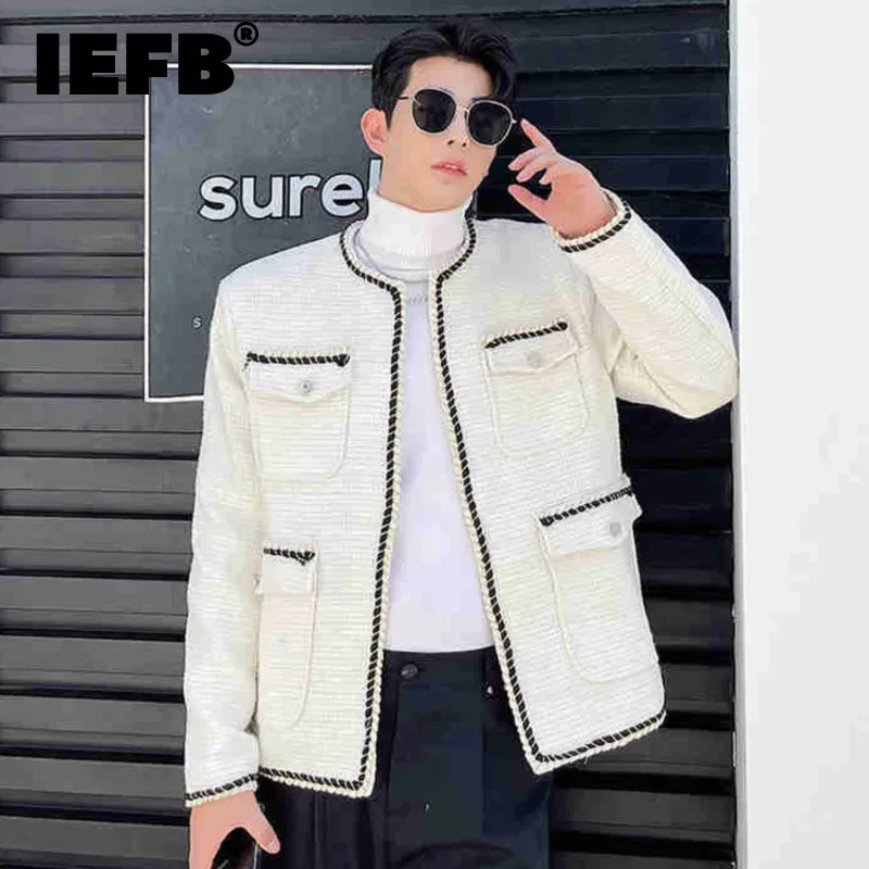 IEFB Men's Tweeds Jackets Multi-pocket Korean Fashion Contrast Color Male Short Coats Personality Autumn New Trend 2024 9Y9911