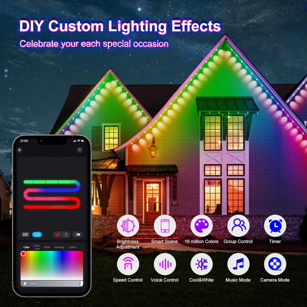 Luce per grondaia intelligente RGB + IC Luci esterne permanenti Controllo app Temporizzatore di sincronizzazione musicale IP67 Impermeabile per decorazioni quotidiane per le vacanze di Natale