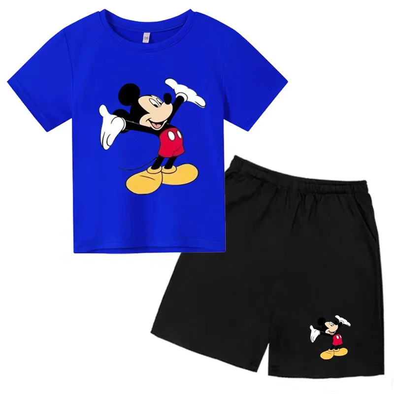 Kids hot selling T-shirt 2-piece set for boys and girls aged 3-12, casual sports short sleeved+shorts printed with Mickey Mouse