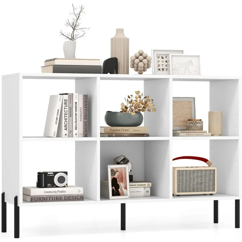 

6 Cube Bookcase, 3-Tier 47" Long Wood Bookshelf w/ 5 Metal Legs, Adjustable Shelf, Anti-toppling Device