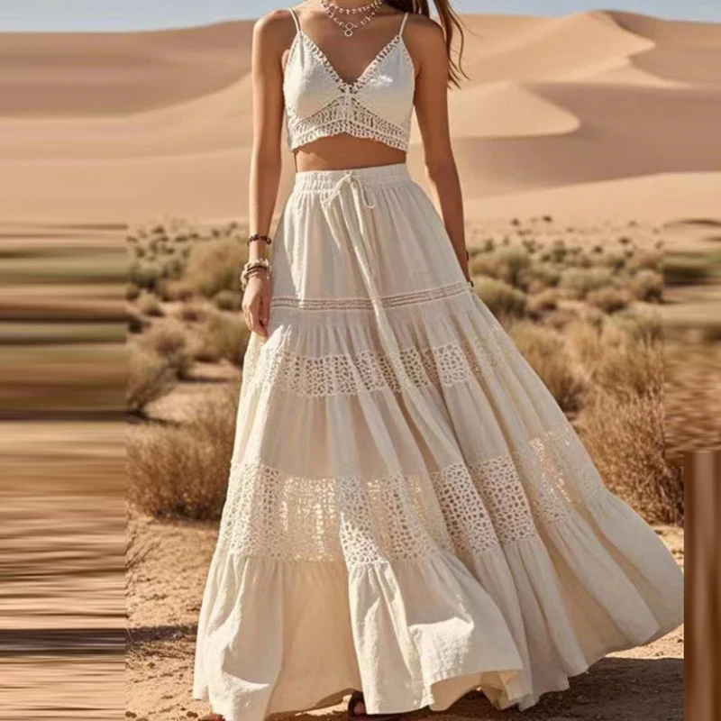 

Sexy Hollow Out V Neck Halter Tops Half Skirts Matching Sets Temperament High Waisted Pleat Skirts 2 Piece Casual Pure Color Set
