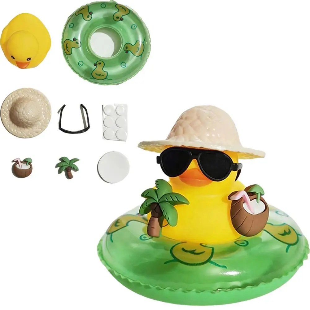 Summer Style Little Yellow Duck Ornament, Cute Beach Theme Figurine with Hat, Coconut Tree & Swim Ring for Desktop & Car Decor