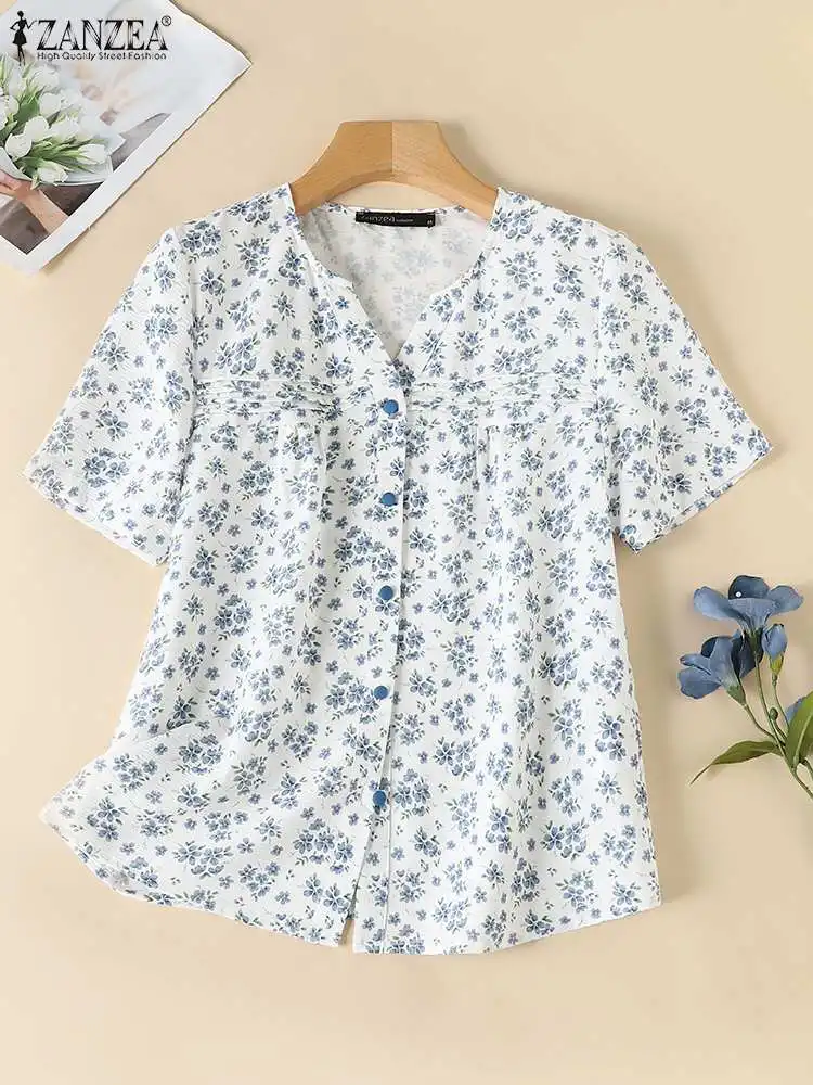 ZANZEA-Chemise à imprimé floral pour femmes, chemisiers bohèmes, manches courtes, col en V, boutons, tunique vintage, décontracté, été, 2024