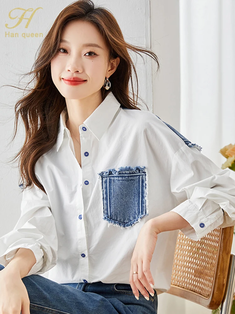 H Han Queen New Denim Patchwork White Shirt Women Blouse Vintage Work Casual Tops Spring Autumn Elegant Loose Shirts And Blouses