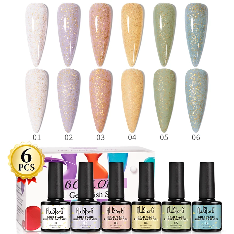 AWStorG 6 unids/set 7,5 ML escamas de oro brillo Base de goma Gel esmalte de uñas de larga duración extensión rápida Gel Nail Art pegamento UV constructor