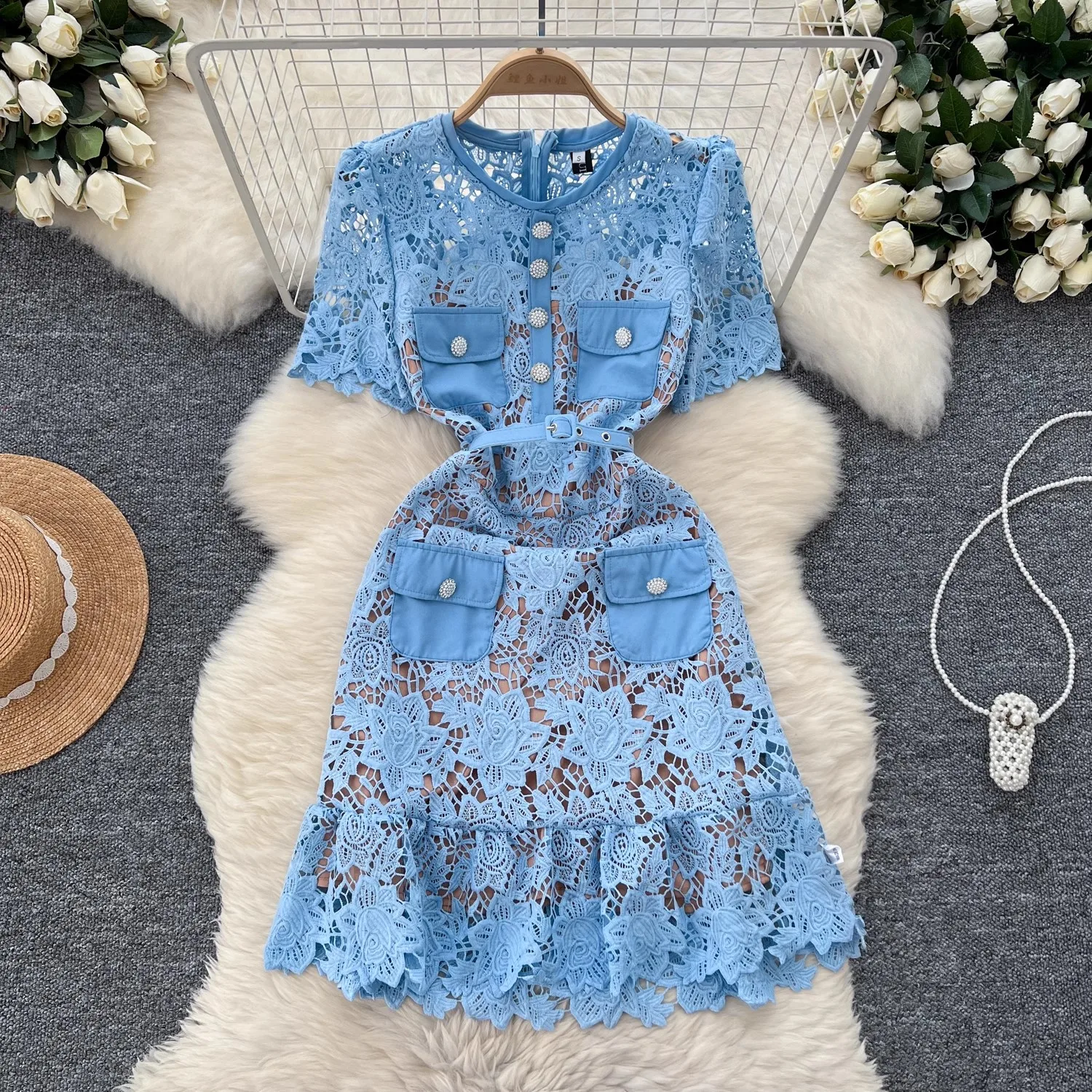 Summer Elegant Crochet Flower Lace Mini Dress Women's Short Sleeve Hollow Out Embroidery Buttons Pockets Belt Runway Vestidos