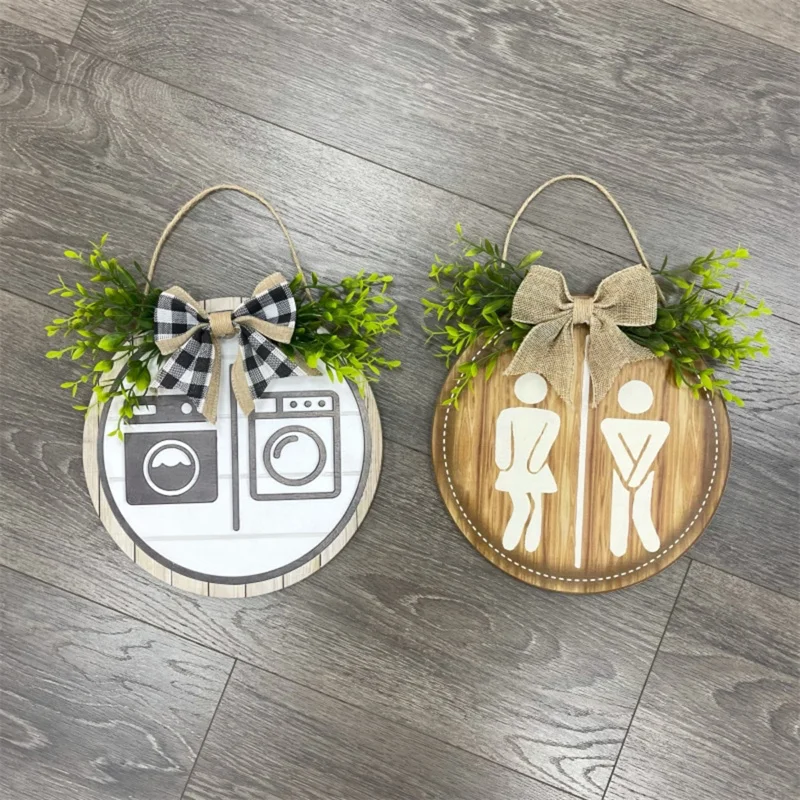 ريفي إكليل خشبي علامة جدار ديكور لوحة مستديرة علامات باب الغسيل معلقة علامة الحمام للجنسين المرحاض ديكور مضحك #4