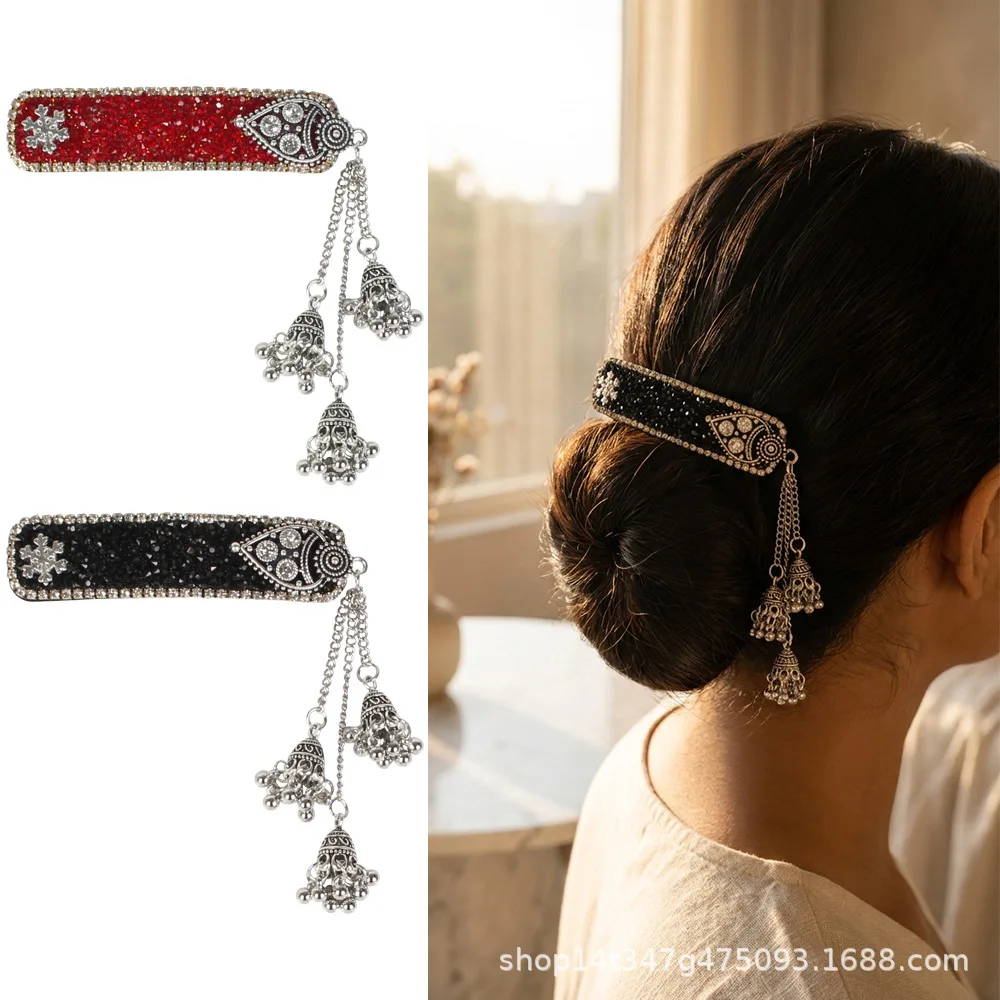 Barrettes à cheveux ethniques à pampilles et clochettes, avec cristaux gravés antiques, pour la danse traditionnelle et les coiffures Hanfu
