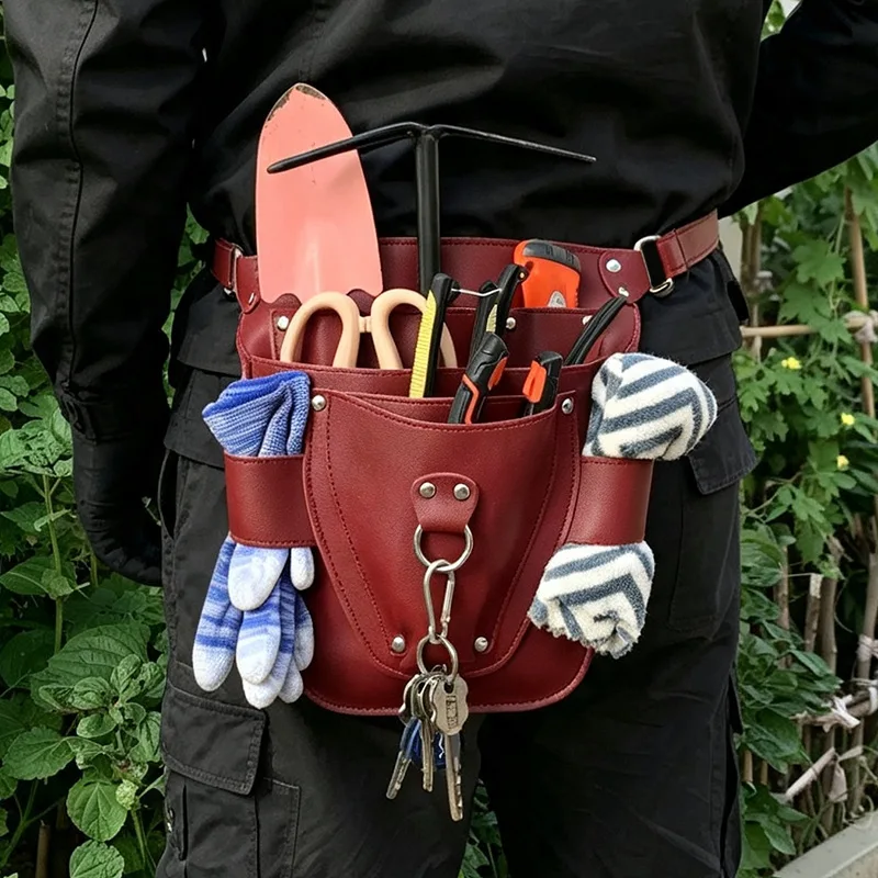 Leather Waist Bag For Tool Storage Including Gardener's Pruning Scissors Sheath Tape Measure Hammer Hardware