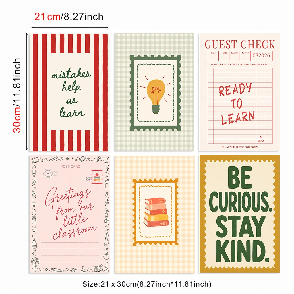 Set of 6 Inspirational Classroom Learning Quote Postcard Ticket Light Bulb Book Curious Modern Decorative Canvas Poster Wall