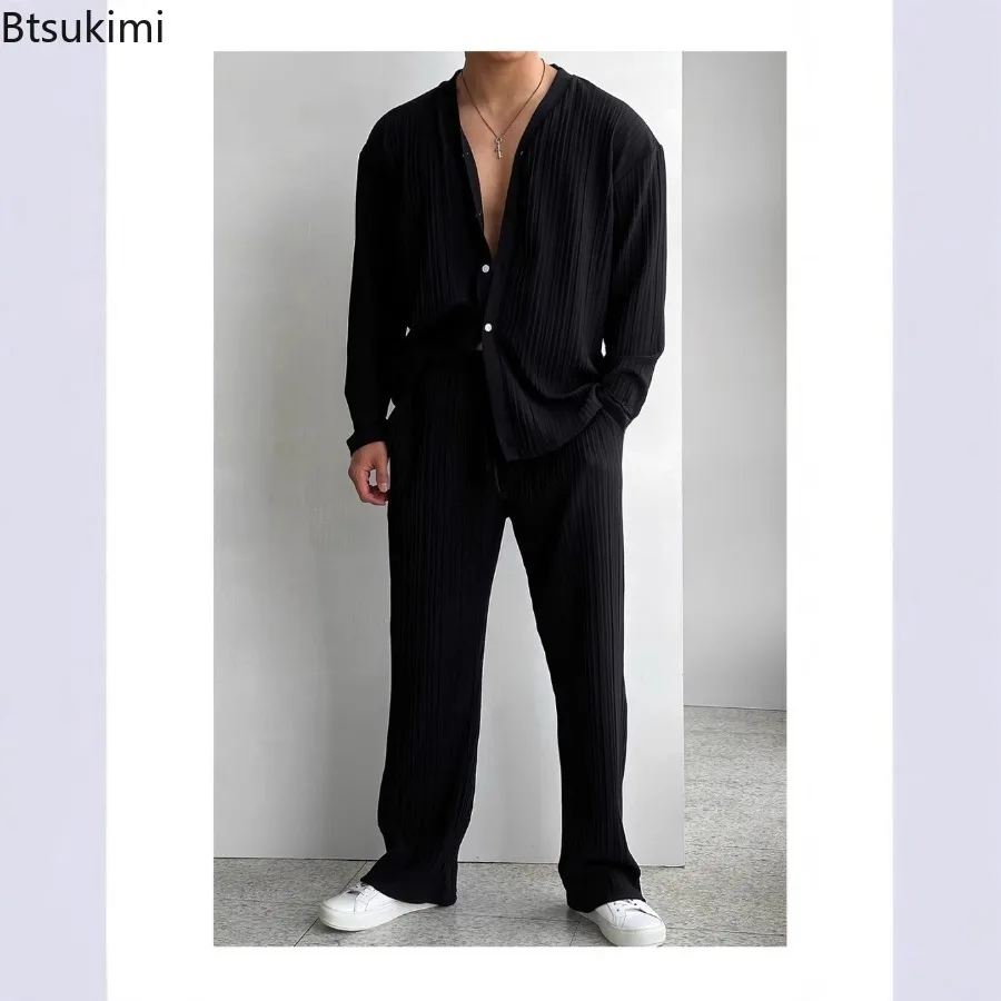 Fashion Long Sleeve Shirts Men's Two Piece Sets Solid Sexy Deep V Cardigan Trousers Outfit Casual Streetwear 2025 Men's Clothing