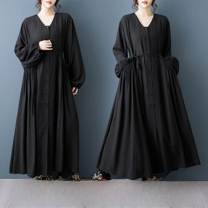 Elegant Loose Large Size V-Neck Dress with Pockets Lantern Sleeve Dark Style Autumn New Arrival Women's Fashion Casual Dress