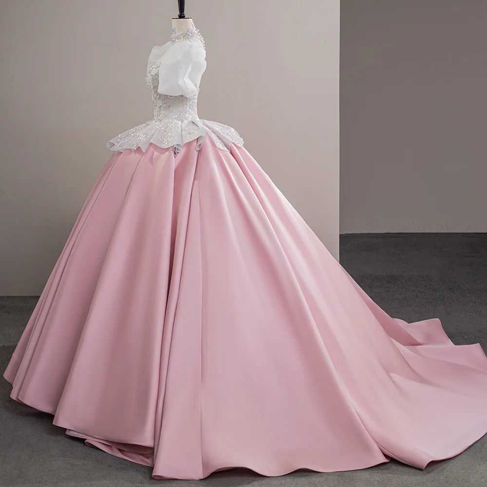 Train Pink Quinceanera Dresses 2024 Birthday Princess High Neck Sweet 15 Years Girl Off The Shoulder Vestidos De Quinceañera