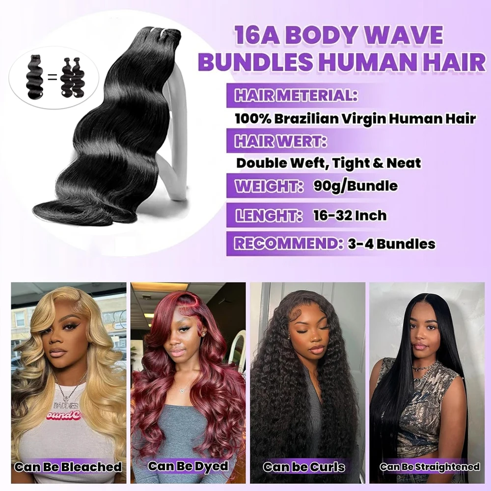 26 28 30 Inch Body Wave Human Hair Bundles 16A 100% Unprocessed Raw Virgin Human Hair Weave Extensions 30 40 Inch Natural Color Double Weft Remy Hair Weaving Pure Hair Bundles Wholesale For Black Women