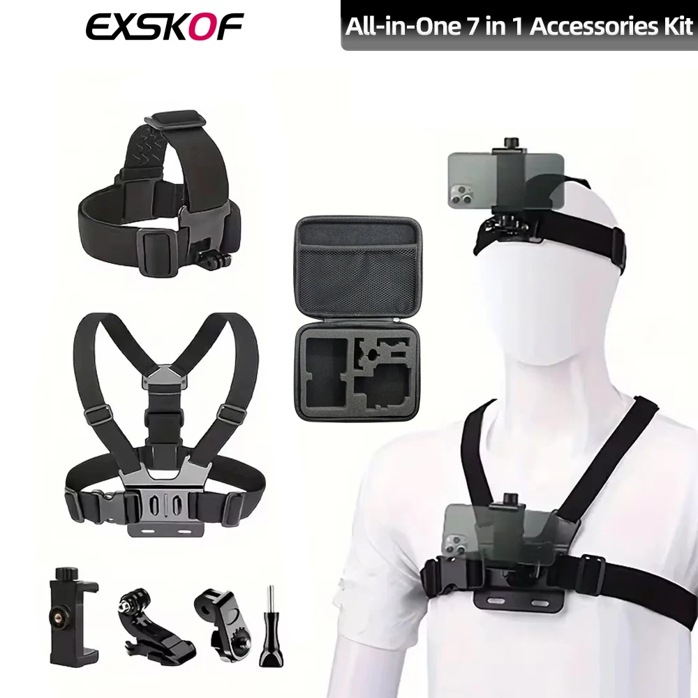 7-in-1 Action Camera Set Phone Head Strap Chest Strap Mount Adjustable Phone Mount For GoPro Hero 13 12 11 10 DJI Action 4 Phone