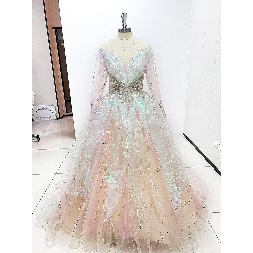 Gorgeous O-Neck Appliques Sequined Ball Gowns Long Sleeve Chapel Train Back Lace Up Formal Occasion Luxury Women Evening Dresses