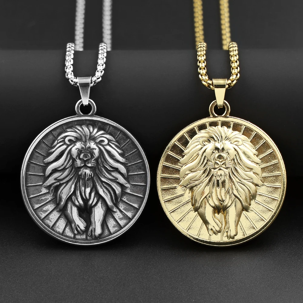 Vintage Jewish The Lion of Judah Medal Pendant Necklace for Women Men Silver Color Stainless Steel Lion King Chain Jewelry Gift