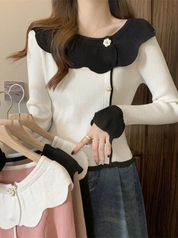 

Chic Long Sleeve Knitted Sweater Women's Early Spring New Style Floral Lace Collar Inner Wear Base Shirt Trendy Top