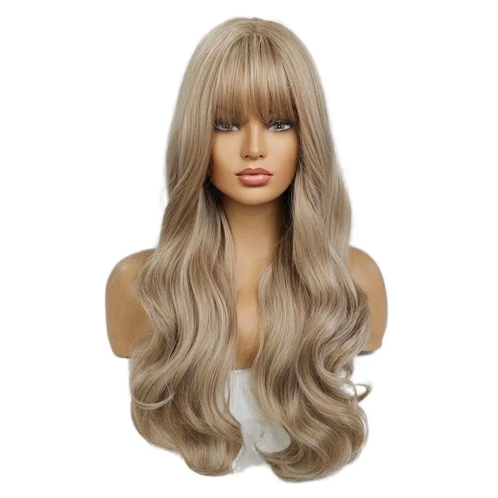 

Wigs With Bangs Synthetic Hair Heat Resistant Long Wavy Ash blonde